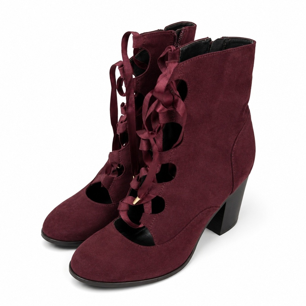 Indigo RD Shoes Lace Up Ribbon Ankle Boots Women Size 9M Cut Out Block Heel Wine
